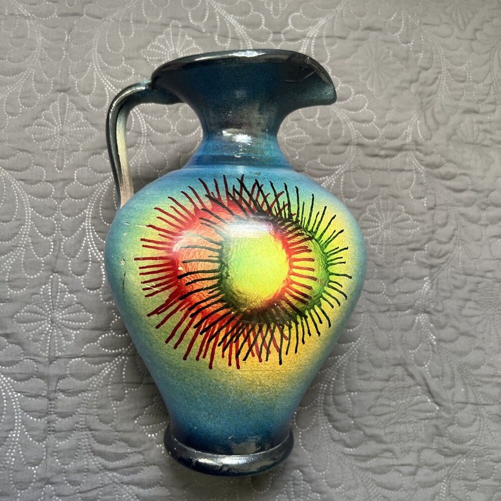 VTG MCM Multicolor Art Deco Starburst Sunburst Large Vase/Ewer/Pitcher Collectib